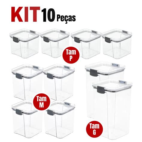 Kit Potes Herm Tico Travas Acr Lico Transparente Empilh Vel Porta