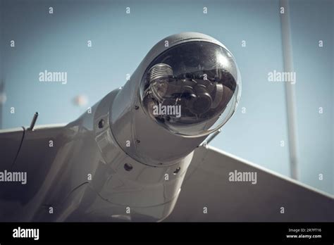 Camera in the head of an unmanned military drone close-up, modern ...