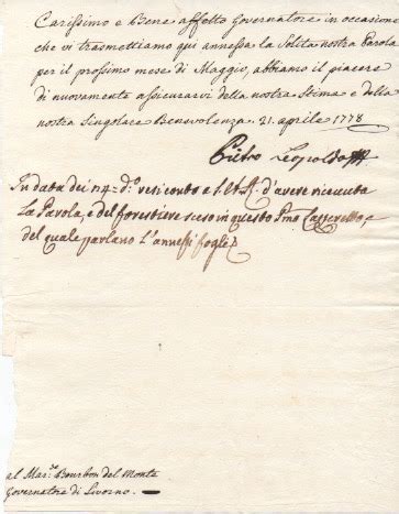 Lettera Con Firma Autografa Datata 21 Aprile 1778 Inviata Al Marchese