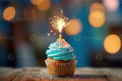 A Birthday Cupcake With Candles On A Blue Background Generative AI