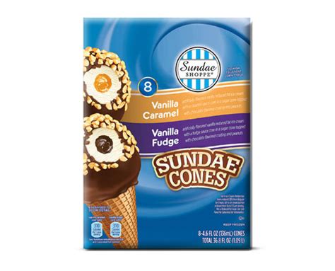 Vanilla Caramel And Vanilla Fudge Sundae Cones Sundae Shoppe Aldi Us