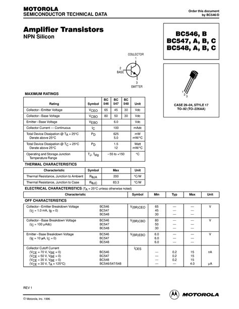 Bc548 Transistor Motorola Smallsignal Transistors Fets And Diodes