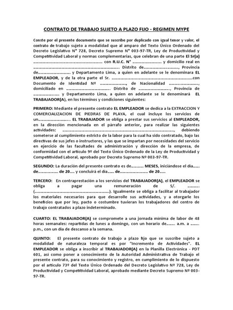 Contrato De Trabajo Sujeto A Plazo Fijo Regimen Mype Pdf Derecho Laboral Economias