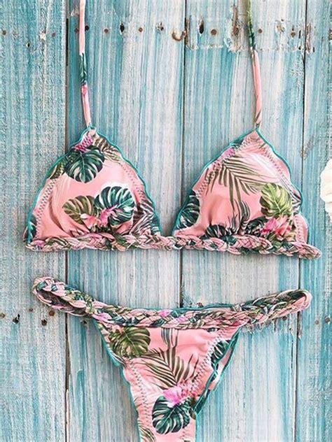 Leaf Print Pink Pleated Bikini Suits Bikinis Triangle Bikini Set