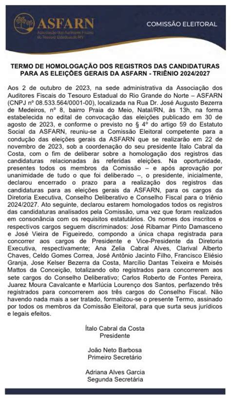 HomologaÇÃo Das Chapas Para As EleiÇÕes Asfarn É Publicada Em Jornal Do Rn