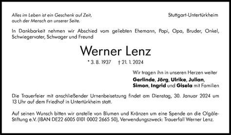 Kondolenzbuch Von Werner Lenz Stuttgart Gedenkt De