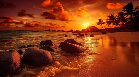 An Image Of The Sunrise With Rocks On A Beach Background Beautiful