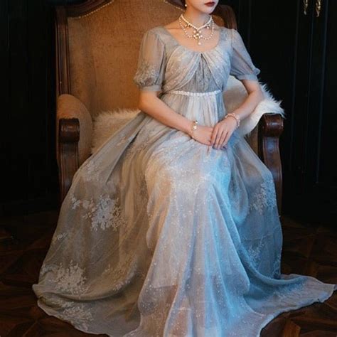 Bridgerton Empire Waist Grey Ball Gown Regency Era Dress With Lace