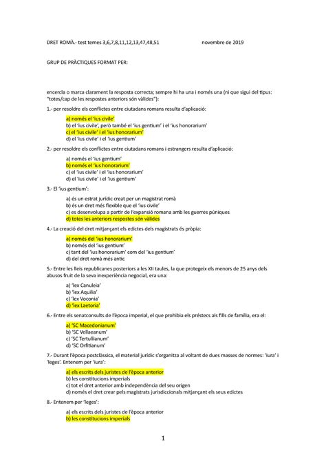 Test DRET ROMÀ test temes 3 6 7 8 11 12 13 47 48 51 novembre de