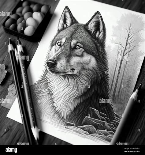 A high-angle shot of a wolf drawing in black and white with a pen on white paper Stock Photo - Alamy