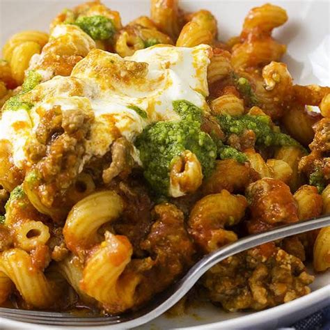 Ground Beef Skillet Pasta With Pesto And Ricotta Recipe Yummly Recipe Pesto Pasta Skillet