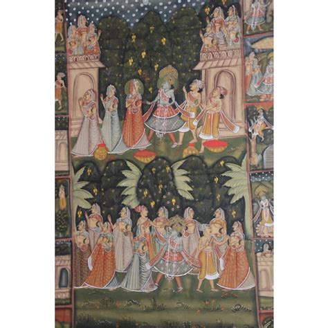 Large Colorful Pichhavai Silk Asian Painting With Krishna And Radha Chairish