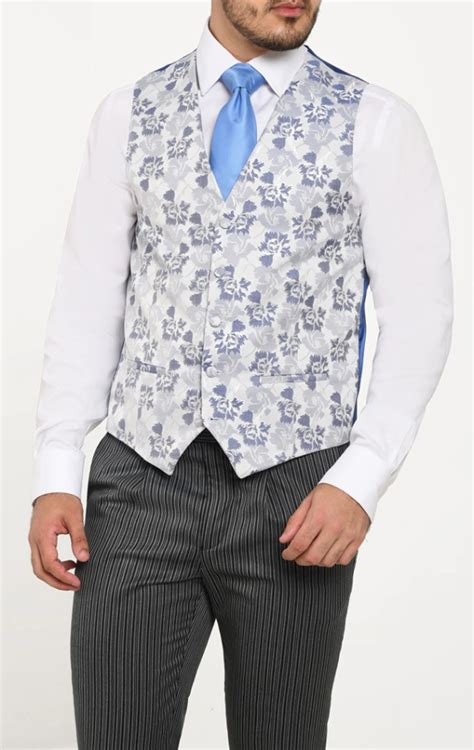 Dobell Blue Silver Floral Jacquard Waistcoat Dobell