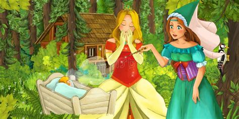 Karikaturszene Mit Frauenprinzessin Im Wald Nahe Verstecktem Holzhaus