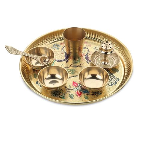 Dokchan Traditional Handcrafted Brass Puja Thali Aarti Bartan Plate Set