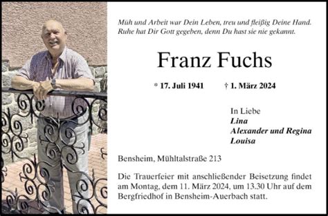 Traueranzeigen Von Franz Fuchs Trauerportal Ihrer Tageszeitung