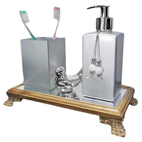 Kit Lavabo Sabonete Bandeja Madeira Porta Escova Prata Prat