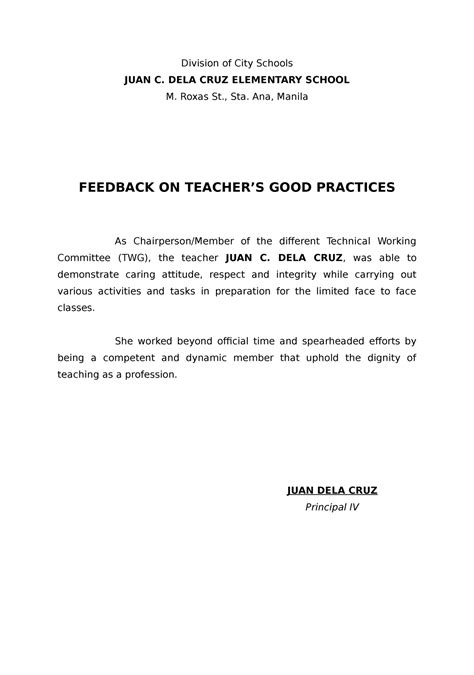 Sample- Teachers- Feedback - Division of City Schools JUAN C. DELA CRUZ ...