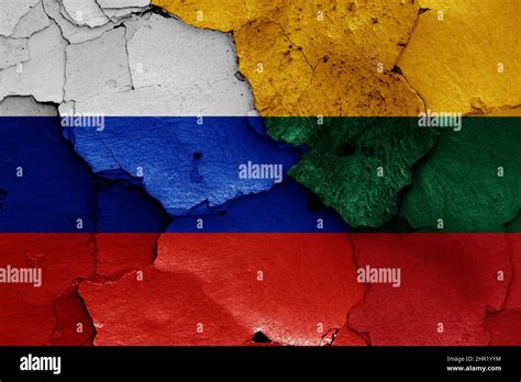 Flags Of Russia And Lithuania Painted On Cracked Wall Stock Photo Alamy