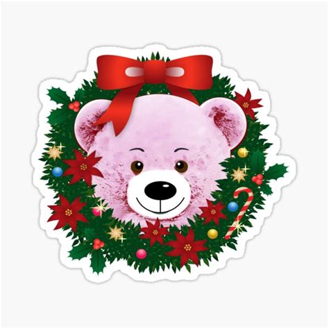 Cute Pink Teddy Bear Peeking Out Of A Christmas Wreath With Red Bow