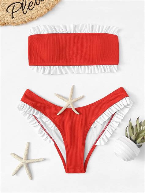 Ruffle Trim Bandeau Bikini Set Swimwear Beachwear Women Fashion