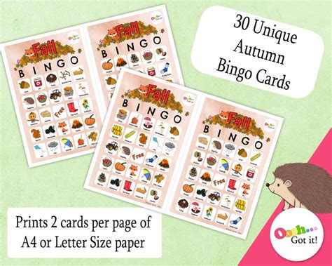 Fall Bingo a Autumn Printable Kids Activity 30 Cards for - Etsy