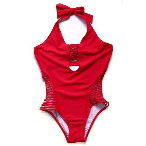 Bandea New 2017 Halter Tie Neck One Pieces Swimwear Red Color Solid