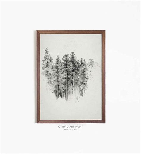 Pine Tree Forest Pencil Drawing Printable Art Vintage Nature Home Decor Digital Download Vivid ...