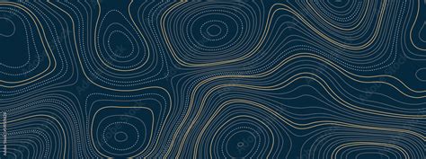 The stylized blue and golden abstract topographic map with lines and circles background ...