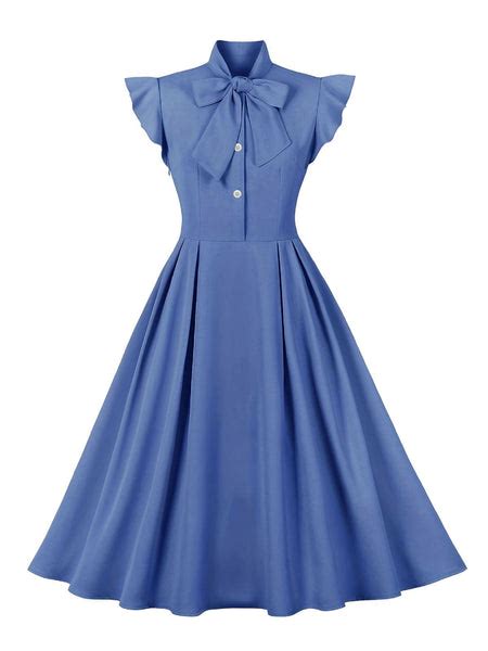 1950s Solid Ruffle Sleeve Bow Neck Dress Retro Stage