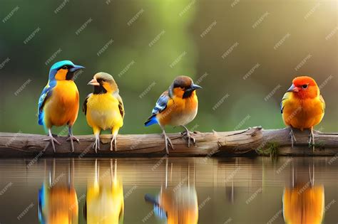 Premium AI Image | a group of birds with blue and orange feathers on ...