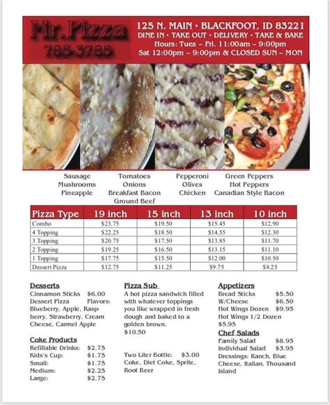 Menu at Mr. Pizza pizzeria, Blackfoot