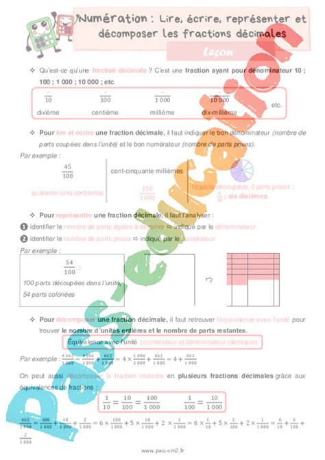 Leçon Trace écrite Cours De La Fraction Au Nombre Décimal Cm2 Pdf Gratuit à Imprimer