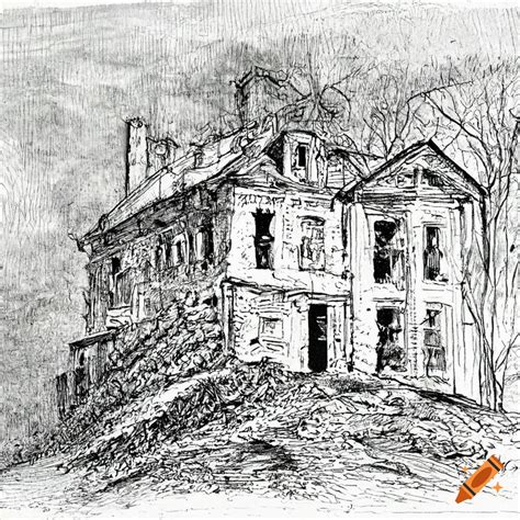 Old 1800s Black Ink Pencil Sketch Of An Abandoned Ruined Victorian