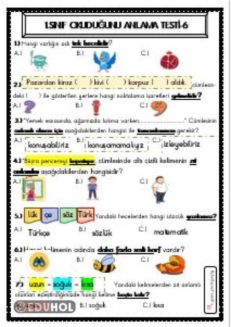 1 Sınıf Türkçe Testi Pdf Test Eduhol Ders Videoları İzle Online