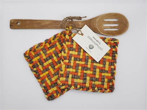 Potholders Handcrafted Loom Woven Cotton Set Of 2 Hot Pads Etsy