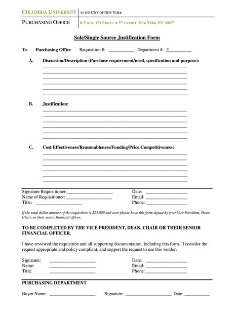 Fillable Online Solesingle Source Justification Form Columbia