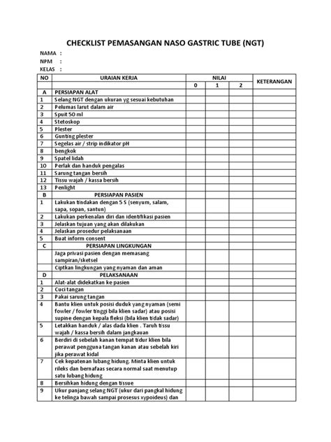 Checklist Pemasangan Naso Gastric Tube Ngt Pdf