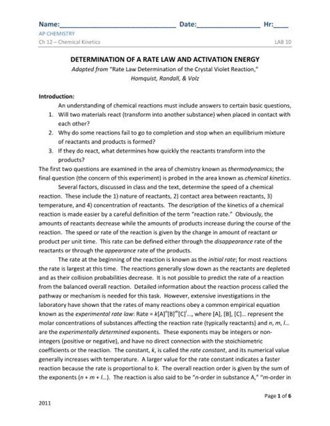 DETERMINATION OF A RATE LAW AND ACTIVATION ENERGY