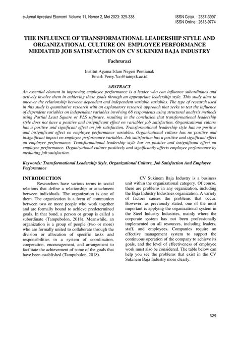 Pdf The Influence Of Transformational Leadership Style And Organizational Culture On Employee