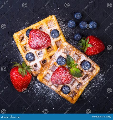 Homemade Traditional Belgian Waffles With Fresh Fruit Berries And