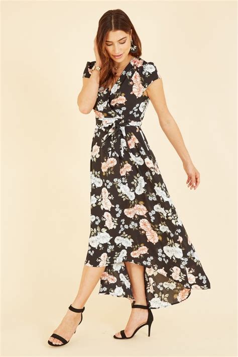 Mela Black Floral Print Dipped Hem Wrap Dress Mela