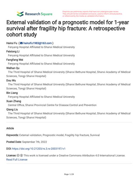 Pdf External Validation Of A Prognostic Model For 1 Year Survival