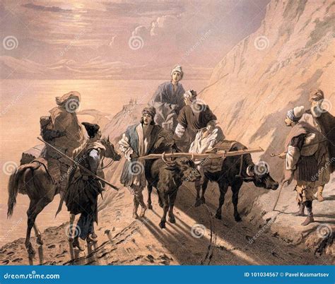 Caravan Of Merchants And Their Guards In The Desert With Distant Oasis