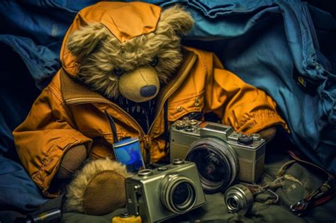 Premium Photo Traveling Teddy Bear Adventure With A Camera And Raincoat