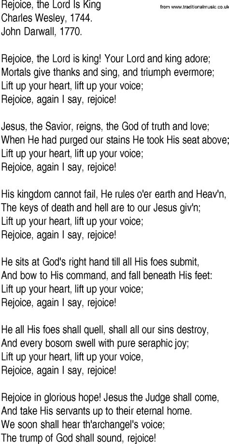 Hymn And Gospel Song Lyrics For Rejoice The Lord Is King By Charles Wesley