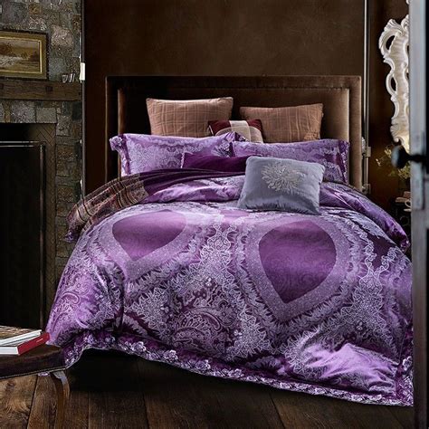 Luxury 4pc Dark Purple Lace Edge Jacquard Queen King Cotton Duvet