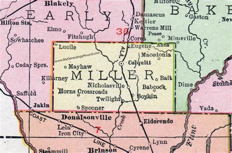 Miller County, Georgia, 1911, Map, Colquitt, Boykin, Babcock, Spooner ...