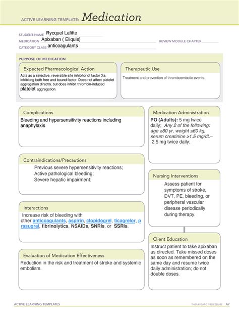 Apixaban Eliquis Ati Medication Templates Active Learning