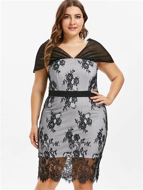 Wipalo Plus Size 5XL Sexy Lace Crochet Sheer Mesh Dress Women Tunic